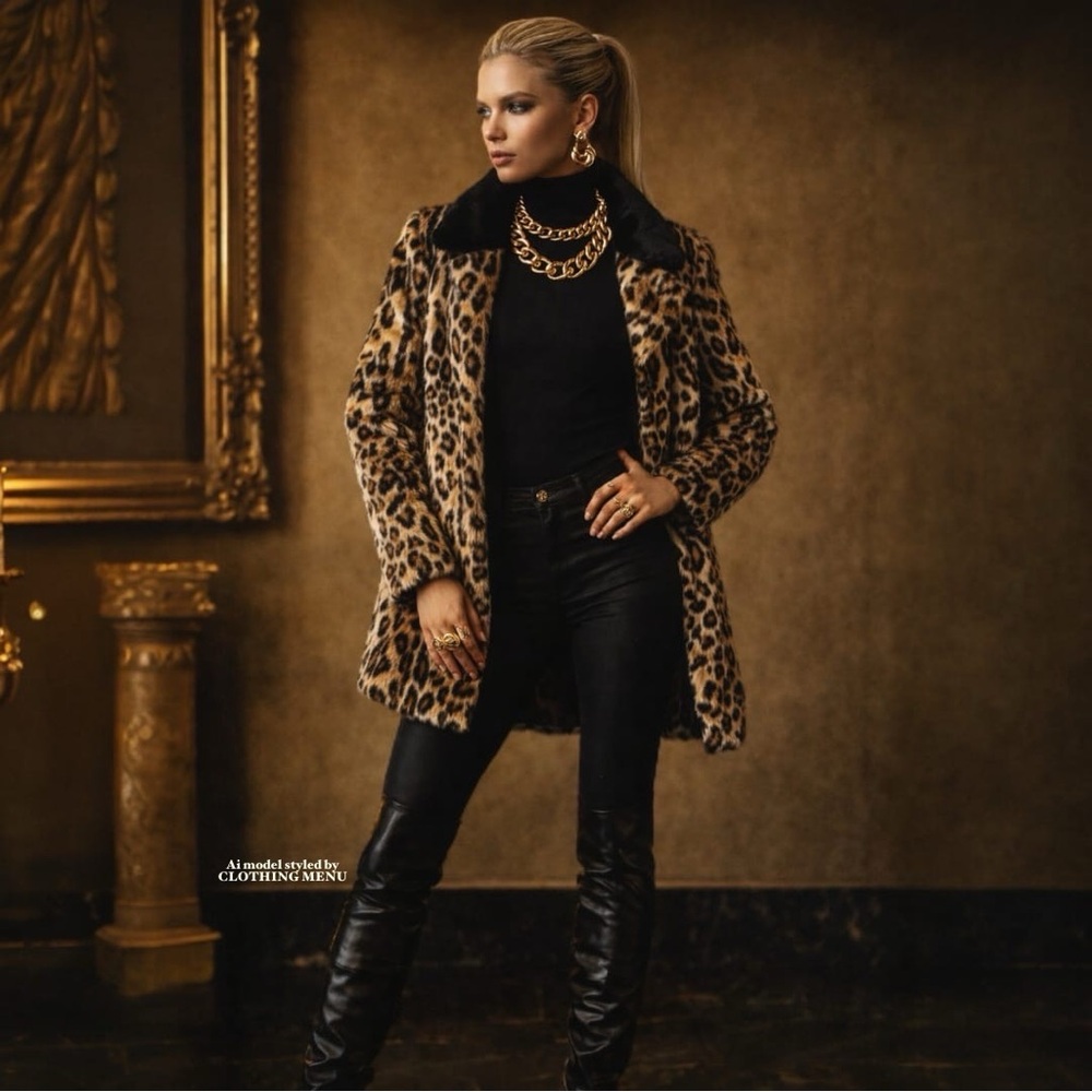 TOPSHOP Leopard Print Faux Fur Coat Mid-Length Mob Wife Style Women Size: 8